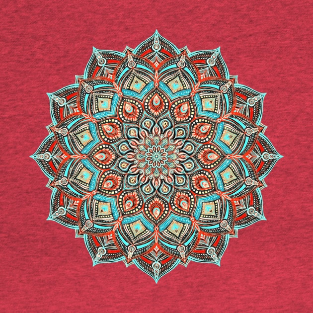 Teal, Red and Black Boho Painted Mandala by micklyn